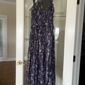 Anthropologie Navy and Pink Floral Midi Dress